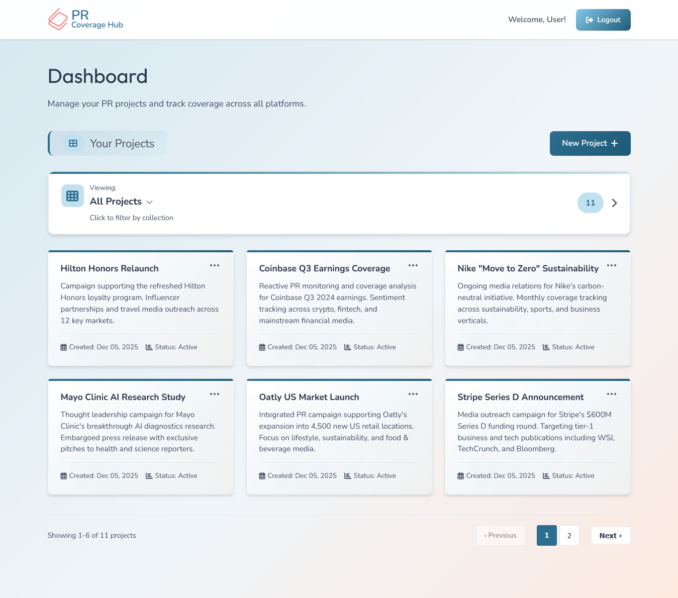 PR Coverage Hub dashboard showing a media coverage report