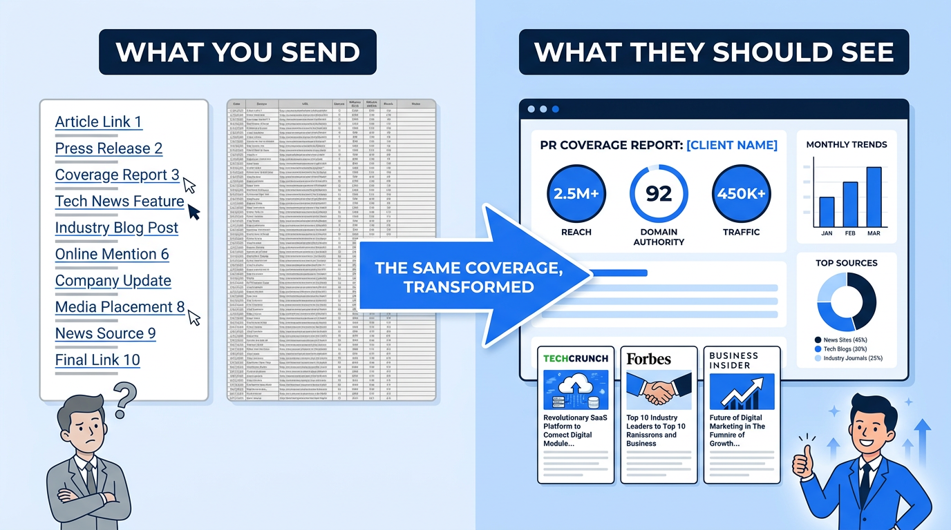 The same PR coverage shown two ways: a plain list of links the client cannot value, versus a clear report showing reach, Domain Authority and traffic