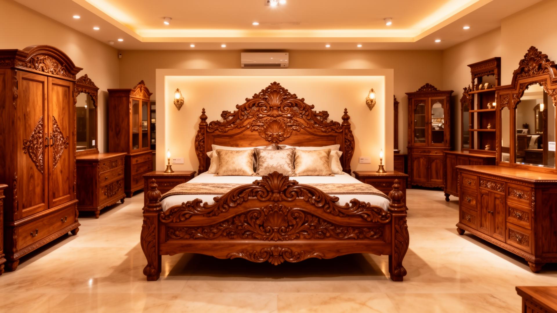 RK Wooden Furniture showroom displaying handcrafted wooden furniture