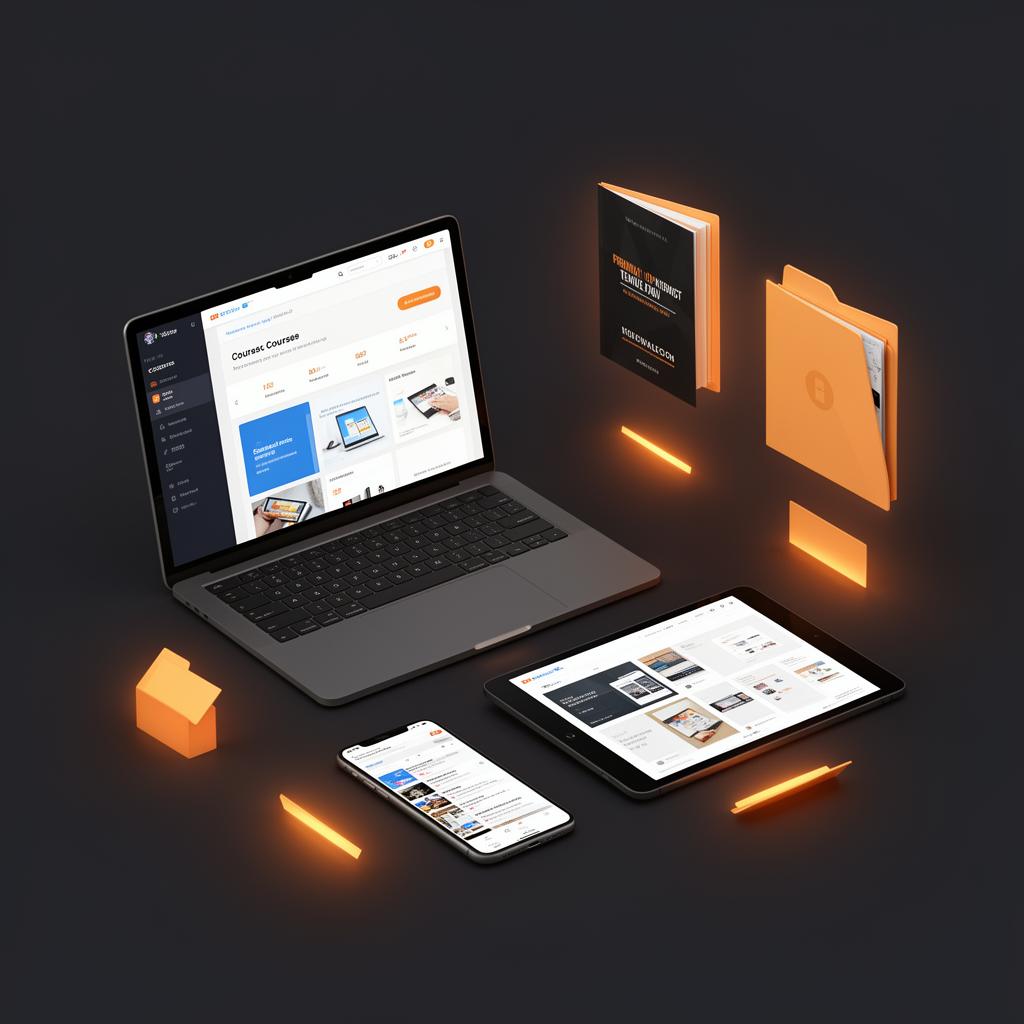 Digital Product Business Starter System – course dashboard, templates, content library on multiple devices